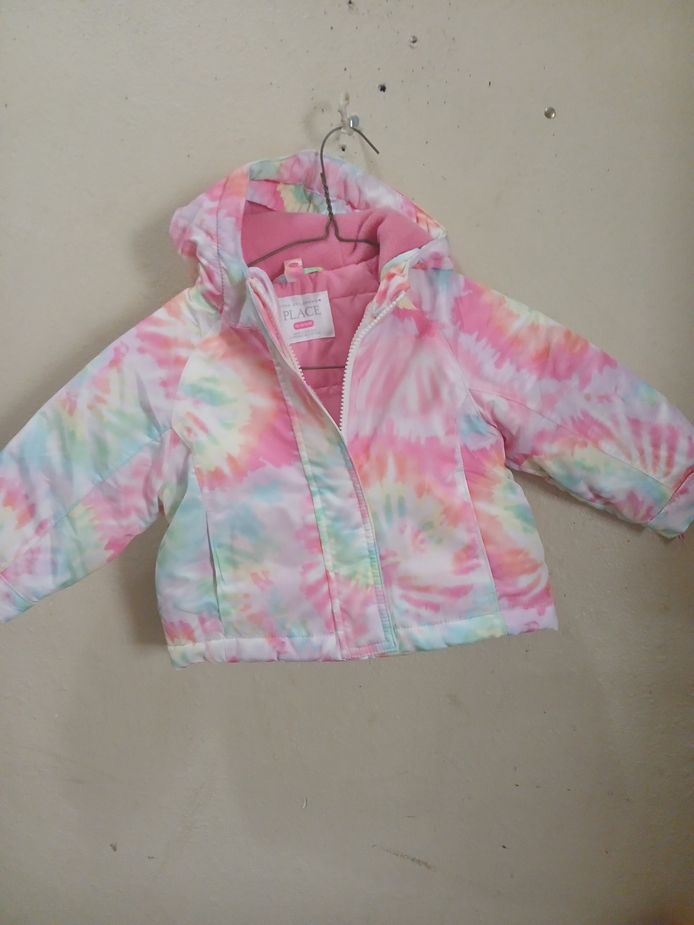 The Children's Place Pink Tie-Dye Hooded Puffer Jacket Double Zip Size 12_18 Mon